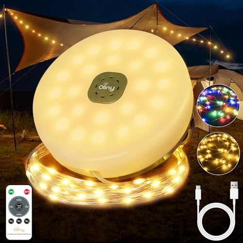 Ollny Camping Lichterkette Aufrollbar 10M Tragbare Wiederaufladbare USB | 2-in-1 100 LED Taschenlampe, wasserdichte Warmweiß Bunt Campinglampe mit 9 Modi, Timer & Dimmbar für Zelt, Wandern & Party
