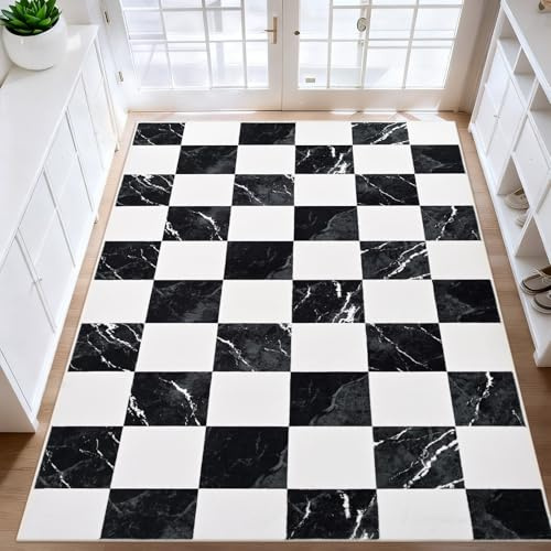 Alishomtll Wohnzimmer Kurzflor Teppich, Anti-Rutsch Weich Waschbar Küchenteppich, Moderner Geometrische Muster Teppich Läufer für Schlafzimmer Kinderzimmer Küche Eingang Schwarz 80x150 cm
