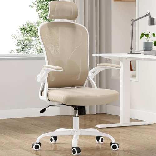 Farini Höhenverstellbar Schreibtischstuhl mit Armlehne, Ergonomischer Stuhl Bequemer Bürostuhl mit Rollen, Home Office Stuhl mit Verstellbarer Kopfstütze, Office Chair Chefsessel, Khaki