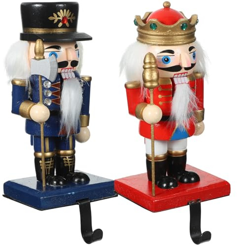 Homoyoyo Christmas Nutcracker Stocking Holders Set, 2pcs Painted Wooden Nutcracker Soldier Fireplace Hanging Hooks, Rustic Metal Mantel Christmas Stocking Hangers for Home Decor