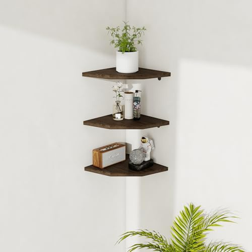 Étagère d’Angle Flottante en Bois lot de 3, Tablette Murale pour rangement étagère d'angle Murale gain de place pour cuisine salon chambre pour ménagères et amateurs d’organisation (Marron vintage)