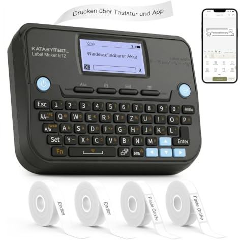 SUPVAN E12 Etikettendrucker, QWERTZ-Tastatur & Bluetooth, 4 Rolle, schwarz | 4 Rollen wasserfeste Etiketten, Wiederaufladbar, beleuchtetes LCD Display, vielseitige App, für Büro, Schule & Zuhause