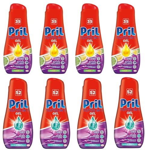 Pril Gel All in One limone e lime x4+ Igiene Fresh x4 Sciogli Grasso Detersivo lavastoviglie liquido multi-azione combatte sporco difficile - 8 Confezioni 650ML da 35 Lavaggi (280 lavaggi)