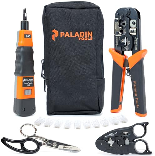 Paladin Tools PA4908 Network Tool Kit - VDV Technicians Kit - Wire Cutter, Wire Stripper, Scissors, Punchdown Tool, Plugs - RJ45 RJ11 RJ12 RJ22 (POE Ethernet)