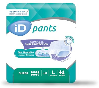 ID Expert Disposable Super Incontinence Pants, Large, 100-145 cm, 1950 ml, Anti-Leakage Protection, Maximum Discretion, Fast Absorption, Odour Control, Unisex, pack of 12 pads