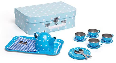 Bigjigs Toys Service à Thé à Pois Bleu en Métal | Jouet pour Enfant | Cadeau Enfant | Joeut Traditionnel | Apprendre en Jouant