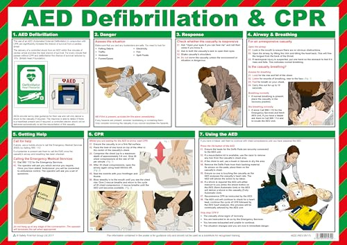 Safety First Aid AED Defibrillation and CPR First Aid Poster, A2 | 60cm x 43cm, Laminated