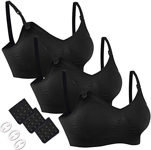 HOFISH Damen 3er-Pack Nahtlose Still-BHS für Schwangerschaft, volle Abdeckung, mit zusätzlichen BH-Verlängerungen & Clips, Größe X-Large, 3er-Pack (Schwarz)