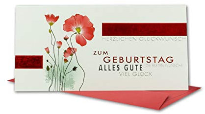 Geburtstagskarten Set 10 Stück mit Umschlag Rot DIN Lang - Motiv Mohnblume Rot - Hochwertige Rotfolienprägung - Glückwunschkarte Geburtstag Klappkarte