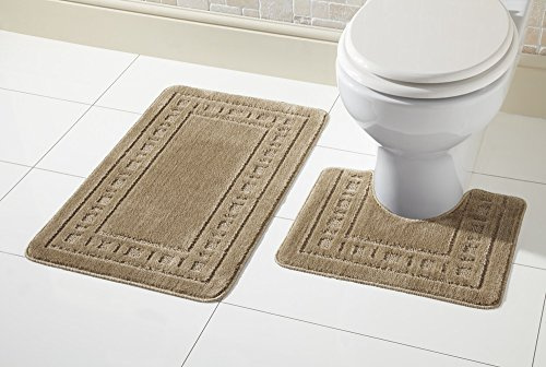 De Lavish Bath Mat Set 2 Piece Non Slip Rubber Pedestal and Bath Mat Set Toilet Miami Bathroom Rug New, Biscuit