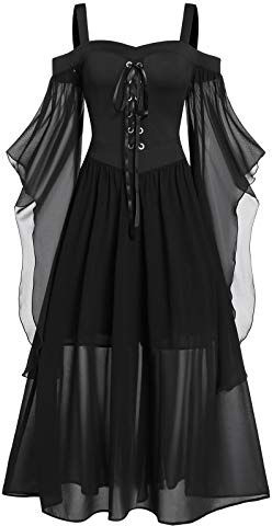 CHARMMA Gothic Halloween Kleid Kostüm Damen,Übergröße A-Linie Schnüren Maxi Kleider mit Schmetterlingsärmeln für Frauen,Festliches Vintage Schwarz Hexenkleid Cosplay Club Party Dress