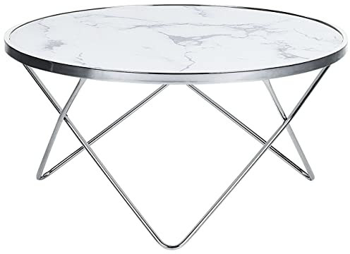Beistelltisch Glas Marmor-Optik weiß Metallgestell Silber rund 80 cm Meridian II