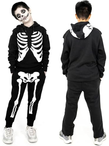 NOROZE Garçons Halloween Squelette Survêtement Sweat à Capuche Pull-Over Joggeur Unisexe Ensemble (7-8 Ans, Squelette Noir)