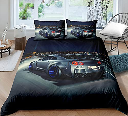 Andrui. Schwarzer Weiß Sportwagen Bettwäsche Set für Kinder Jungen Männer Modern Auto Fahren drucken Bettwäsche Dekorativ Auto Rennauto Bettbezug Set Weich Mikrofaser (Auto 09,135x200+80x80)
