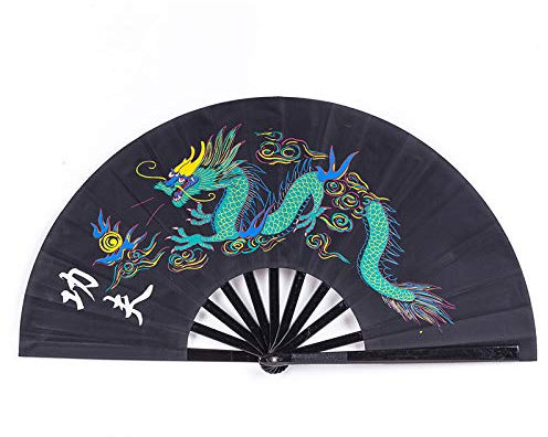 1SourceTek Large Folding Fan Nylon Cloth Handheld Folding Fan Chinese Kung Fu Tai Chi Fan Decoration Fold Hand Fan for Party Favors (Dragon)