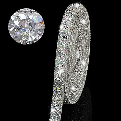 Hicarer 3 Yards Resin Rhinestone Ribbons Self Adhesive Diamond Crystal Ribbon Roll Glitter Resin Diamond Belt Bling for Wedding Shoes Decor(0.4 Inch,Silver AB Color)