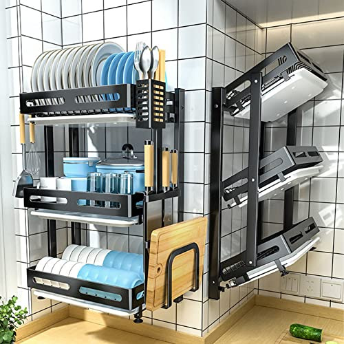 Abtropfgestell Geschirr, 304 Edelstahl Geschirrabtropfgestell Wandmontage / Arbeitsplatte Geschirrtrockner Klappbar Geschirrkorb mit Abtropfgitter, Besteckhalter, Schneidebrett-Rack, Haken, Schwarz