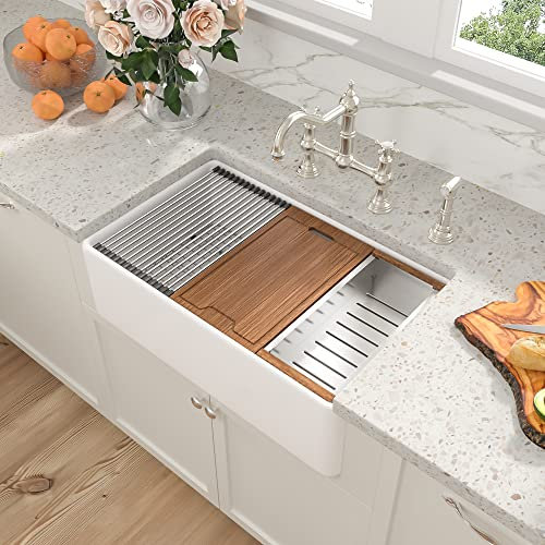 Sarlai Fregadero de cocina de granja blanco de 33 pulgadas, estación de trabajo, arcilla refractaria blanca, delantal de porcelana de cerámica, fregadero de granja frontal, lavabo de un solo tazón con