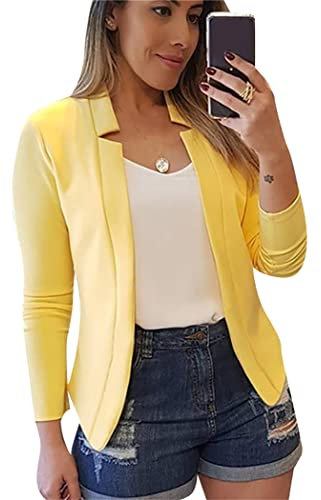 OMZIN Damen Open Front Arbeitsblazer Eleganter Business Arbeitsanzug Einfarbig Büro Strickjacke Gelb XXL