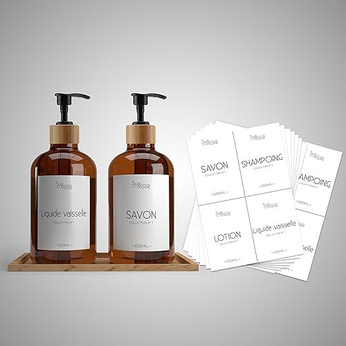 Distributeur de Savon 500 ML en Plastique Épais Ambre - Bouteilles Vides Rechargeables avec Plateau en Bambou - Flacon pour Cuisine et Salle de Bain - Étiquettes Personnalisables
