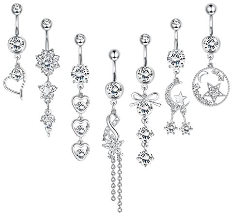 KALVICA 6/7 Pcs 14G 316L Chirurgenstahl Bauchnabelpiercing für Frauen Mädchen Hypoallergene mit Stern Mond Herz Anhänger Silber Bauchnabel Piercing Langer Anhänger