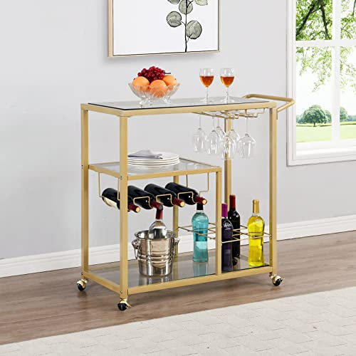 FABOMEI Rollwagen Gold mit Rädern, Servierwagen mit Weinhaltern aus Glas, 3 Etagen, für Küche, Zuhause, Party, Esszimmer