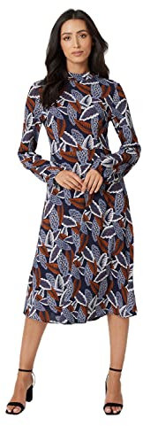 Izabel London Ditsy Print High Neck Tea Dress with Round Neck, Long Sleeves and midi fit. Brown