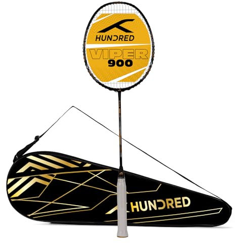 HUNDRED Viper 900 Carbon Fibre Strung Badminton Racket with Full Racket Cover (Black/Grey) | for Intermediate Players | 79 Grams | Maximum String Tension - 32lbs