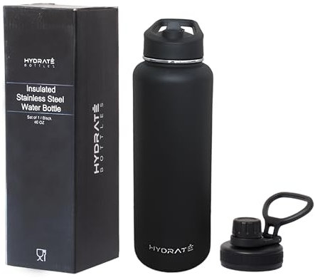 Hydrate Bottle Trinkflasche Edelstahl 1L - Edelstahl Doppelwandige Isolierung - 2 Deckel - Trink- und Strohhalmdeckel - Wasserflasche - Trinkflasche mit Strohhalm - Set of 1 Schwarz