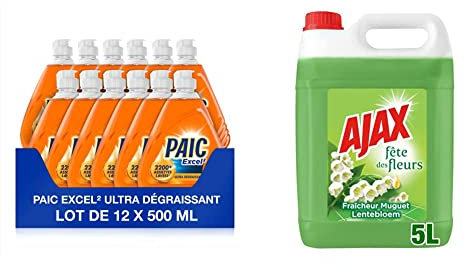 PAIC - Liquide Vaisselle main Paic - Paic Excel² Dégraissant - Formule Active à Froid - 12 x 500 ml & Ajax Nettoyant Ménager - Fête des Fleurs, Parfum Muguet - Grand Format Bidon de 5L