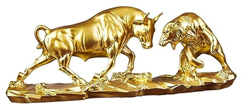 Fenteer Stier Figur, Feng Shui Bär Und Stier Statue, Modernes Kunstwerk, Kuh Skulpturen Im Chinesischen Stil, Tierskulptur für Schreibtisch, Golden 28x8x11,5cm