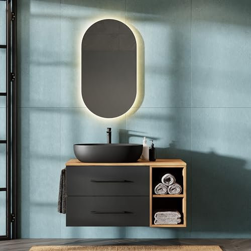 Planetmöbel LUX - Juego de muebles de baño con armario bajo (100 cm, incluye lavabo, 60 cm), color negro