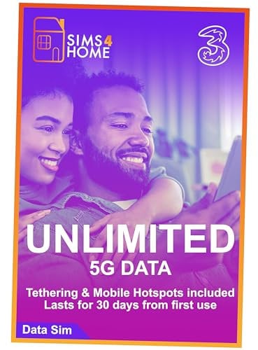 Three UK Data Sim Card Preloaded with UNLIMITED 4G/5G Data. No Contracts, No Commitments, No Credit Checks, No Tie-ins, No Personal ID. (Valid for 1 Month)
