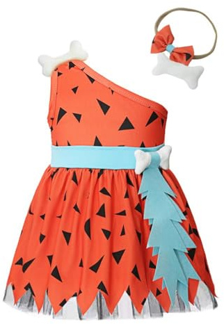 Lito Angels Flintstones Pebbles Kostüm Kleid Verkleidung mit Stirnband für Baby und Kleinkind Mädchen, Orange Grün