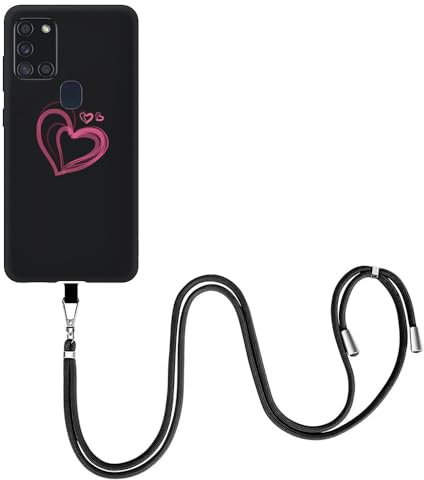 EuoDuo für Samsung Galaxy A21s Hülle mit Band Handyhülle Handy Kette Abnehmbare Kordel Handyschnur zum Umhängen Silikon Case Schwarz Schutzhülle Halskette Cover - Liebesherz Pink