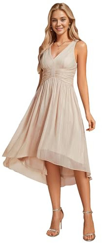 Ever-Pretty Robe Invitée Mariage Femme Plissé sans Manches Col V Taille Empire Brillant Robe de Cérémonie Champagne 42