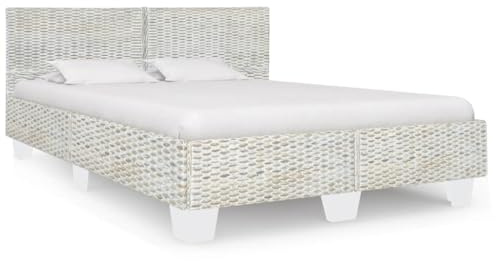 CKioict Schlafzimmerbett Tagesbett Doppelbett/Einzelbett Bettgestell Grau Natur Rattan 140 x 200 cmGeeignet für Schlafzimmer, Wohnzimmer, Gästezimmer