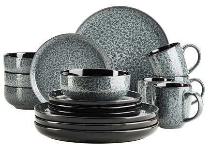 MÄSER 934110 Serie Filippa - Vajilla de cerámica para 4 personas (16 piezas, platos, cuencos y vasos con esmalte reactivo en verde y negro, gres, verde)