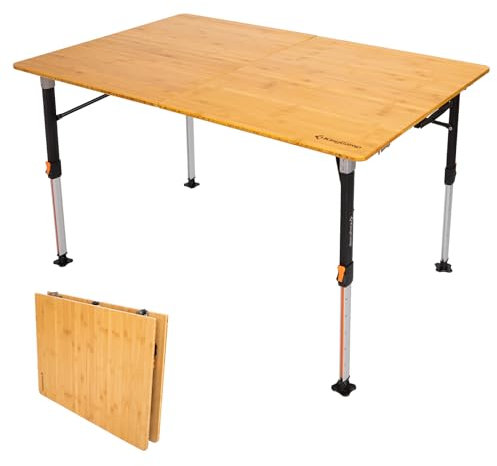 KingCamp Mesa de Camping de bambú, 120 x 80 cm, Plegable, Altura Regulable, 42~70 cm, para 4-8 Personas, 2 Plegables, soporta hasta 80 kg