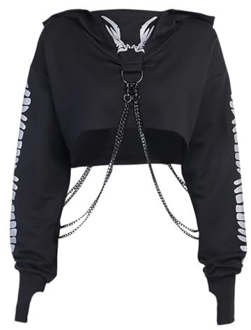 YINGWIN Gothic Hoodies Women Y2K Crop Top with Chain Print Hooded Top | Long Sleeve Shirt,Casual,Punk Short Sweatshirt,Pullover,Festival Outfit,Rave Outfits Women,EMO,for Party,Concert,Going Out
