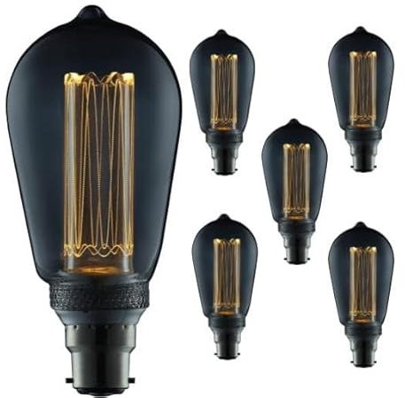 6 x Decorative LED Edison Lightbulb Smoked Glass Large 'Squirrel Cage' Design 142mm x 64mm. Bayonet Fitting B22/ BC. 15,000h Lifetime. Non-Dimmable [Energy Class G]