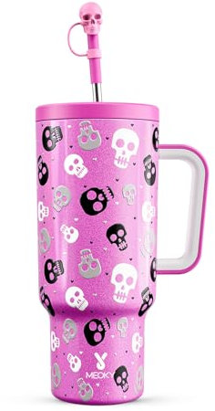 Meoky 40 oz Halloween Tumbler with Handle and Straw, Tumbler with Lid and Straw, Insulated Stainless Steel Travel Mug, 100% Leak-proof, Keeps Cold for 34 Hours or Hot for 10 Hours (Pink Skull)