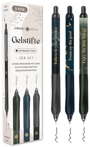 LEBENSKOMPASS® Gelstifte 3er Set Schwarz mit Silent-Klick-Technologie - Hochpigmentierte, Schnelltrocknende Gel Kugelschreiber - Dünne 0,5mm Strichstärke Gelschreiber - 3 Stück