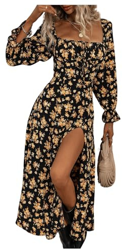 GORGLITTER Women's Floral Long Sleeve Boho Square Neck Maxi Dress Tie Front Split Swing A Line Long Milkmaid Dress Black and Yellow M
