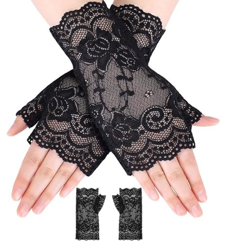 HSLPSM Frauen Kurze Spitze Handschuhe, 1920er Jahre Elegante Kurze Handschuhe, Netzhandschuhe, für Braut Hochzeits Halloween Fingerlose Floral Handschuh Abschlussball Tea Party