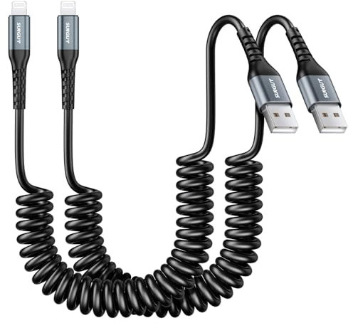 SUNGUY Spiralkabel Lightning für Auto, 2Stück 1.8M【Extensible:0.5-1.2m】 MFi-zertifiziert, einziehbares iPhone-Ladekabel, CarPlay-Kabel für iPhone 14/13/12/11 Pro Max/XS MAX/XR/XS/iPad/iPod