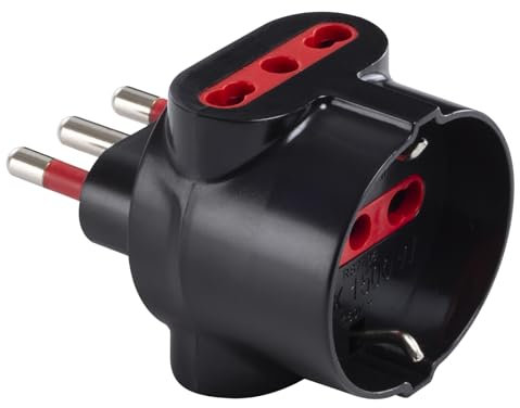 Tripla nera, spina grande 16A, 2 prese bipasso bivalenti 10A/16A, 1 presa schuko tedesca 16A, adattatore triplo
