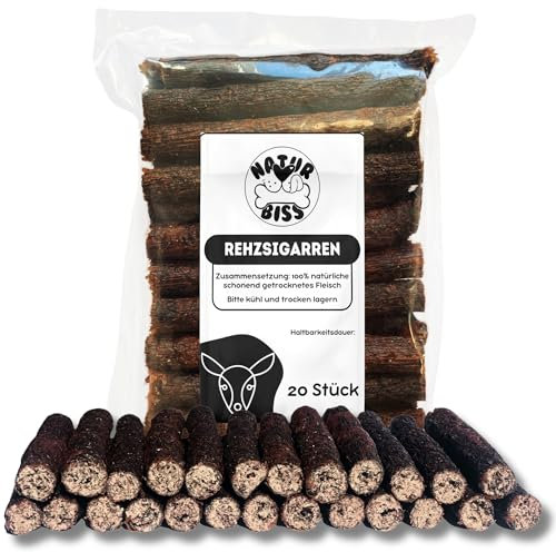 Naturbiss Hundezigarren aus REH - 20 Stück (12 cm) - Hypoallergen & Getreidefrei Zigarre - Monoprotein, 98% Muskelfleisch Rollen - luftgetrocknetes Rehfleisch Hundesnack