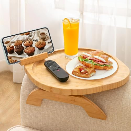Sofa Arm Tray Table, Bamboo Round Sofa Clip Tray Table with 360° Phone Holder, Foldable Sofa Arm Table suitable for placing Remote Control, Eating, Drink, Snack Stand