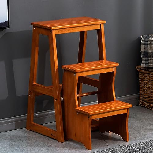 JXYQ Wooden Folding Library Ladder Chair, 3 Step Solid Wood Folding Ladder Chair, Protable Wooden Step Stool, Display Ladder and Storage Shelf, for Home, Household Work (Color : Brown) (Honey)